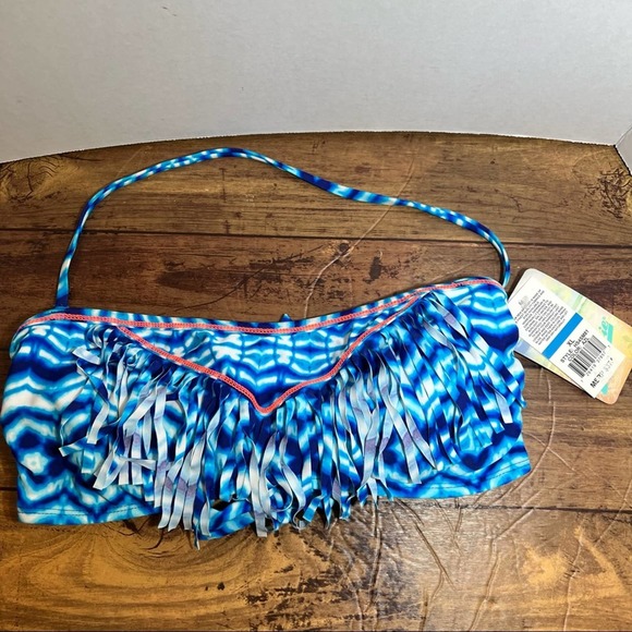 Hobie Azul Halter Bandeau Bikini Top Sz XL Convertible Blue Tie Dye Fringe New - Picture 2 of 3